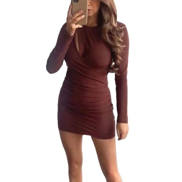 ZARA • Brown Keyhole Cutout Long Sleeve Bodycon Mini Dress - Picture 16 of 16